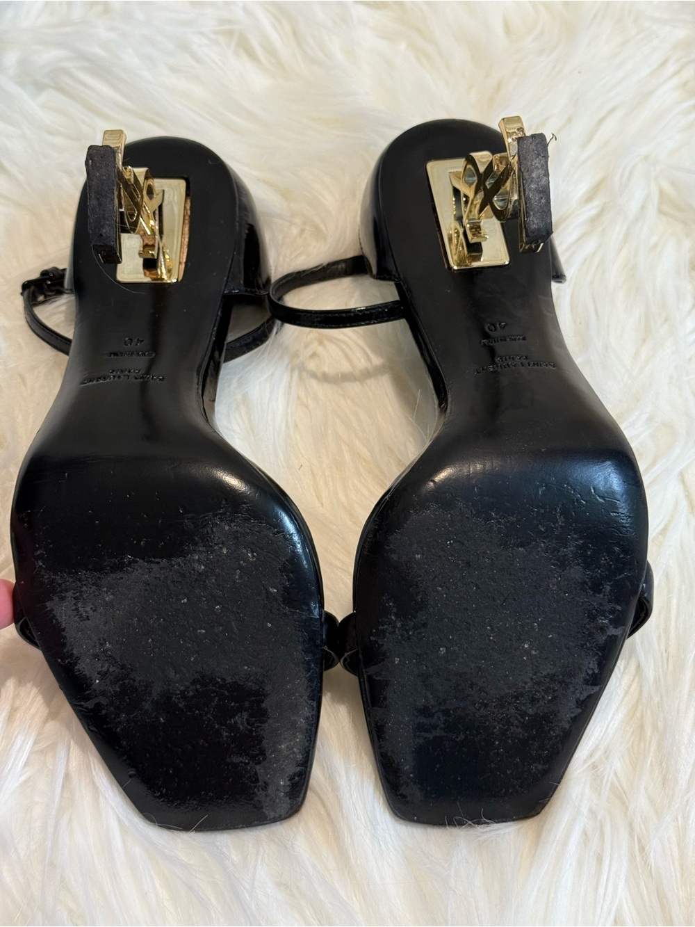 Saint Laurent Black Patent Leather Sandal Heels with Gold Sculptural Heel - Picture 4 of 15